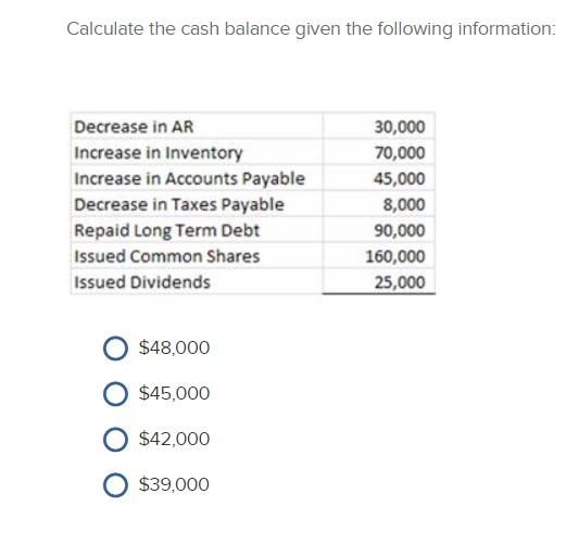  Calculate the cash balance given the following information: Decrease in AR