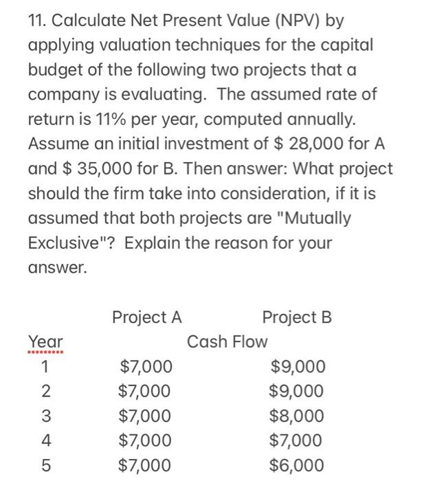  11. Calculate Net Present Value (NPV) by applying valuation techniques for