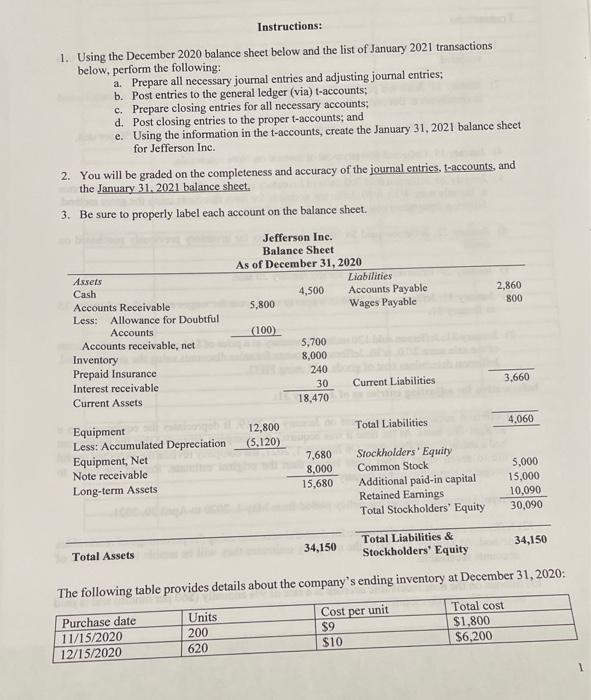  Instructions: 1. Using the December 2020 balance sheet below and the