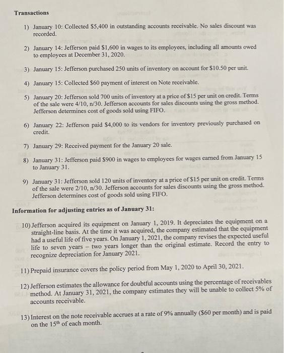 list of January 2021 transactions below, perform the following: a. Prepare all