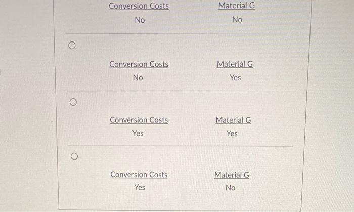  Material G Conversion Costs No No Conversion Costs Material G Yes