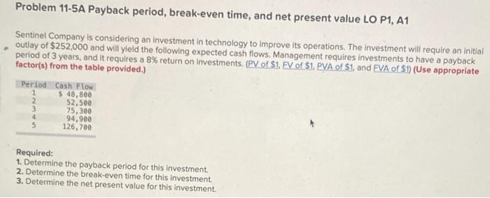  Problem 11-5A Payback period, break-even time, and net present value LO