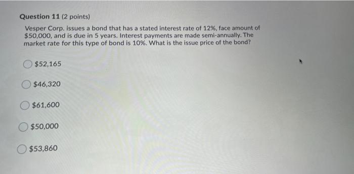  Question 11 (2 points) Vesper Corp. issues a bond that has