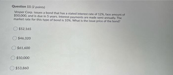  Question 11 (2 points) Vesper Corp. issues a bond that has
