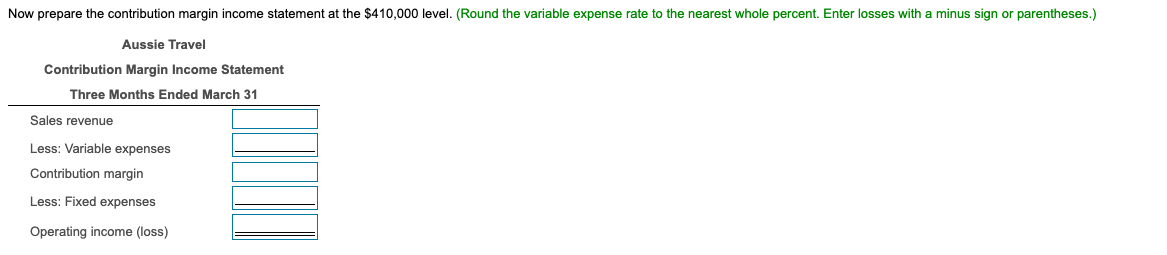 Now prepare the contribution margin income statement at the $410,000 level.