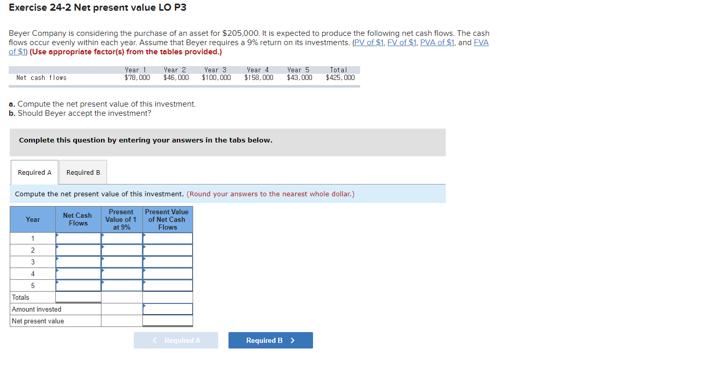 Exercise 24-2 Net present value LO P3 Beyer Company is considering