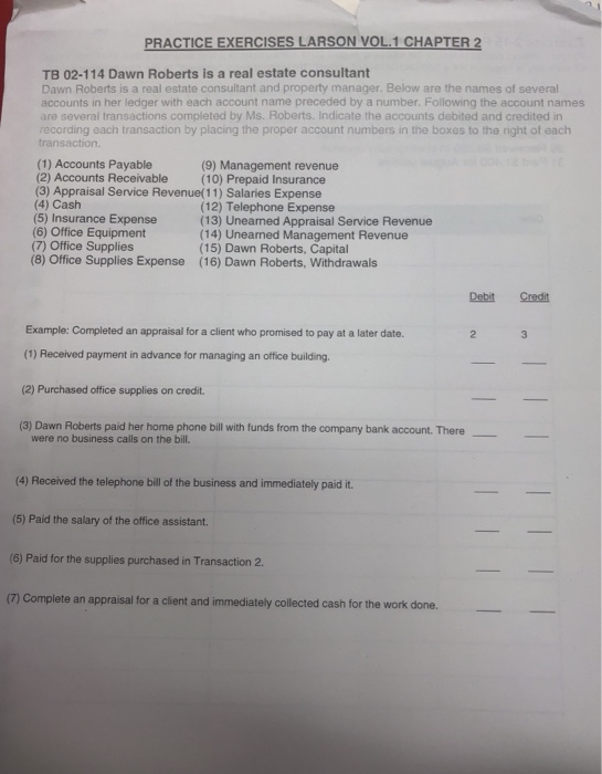  PRACTICE EXERCISES LARSON VOL.1 CHAPTER 2 TB 02-114 Dawn Roberts is
