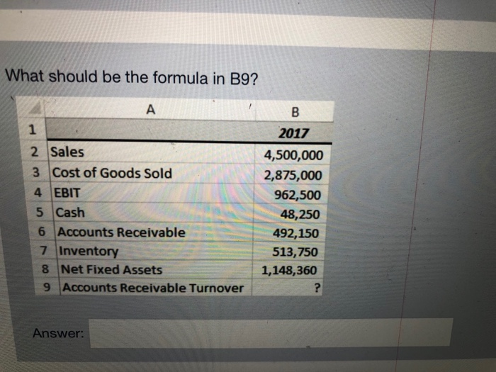  What should be the formula in B9? B 1 2 Sales