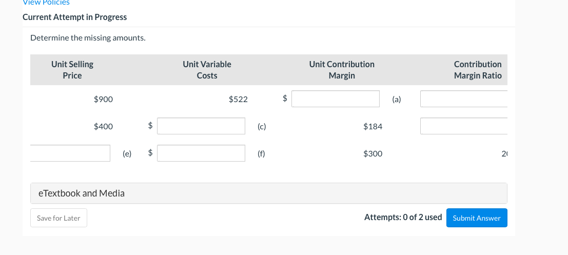  View Policies Current Attempt in Progress Determine the missing amounts. Unit