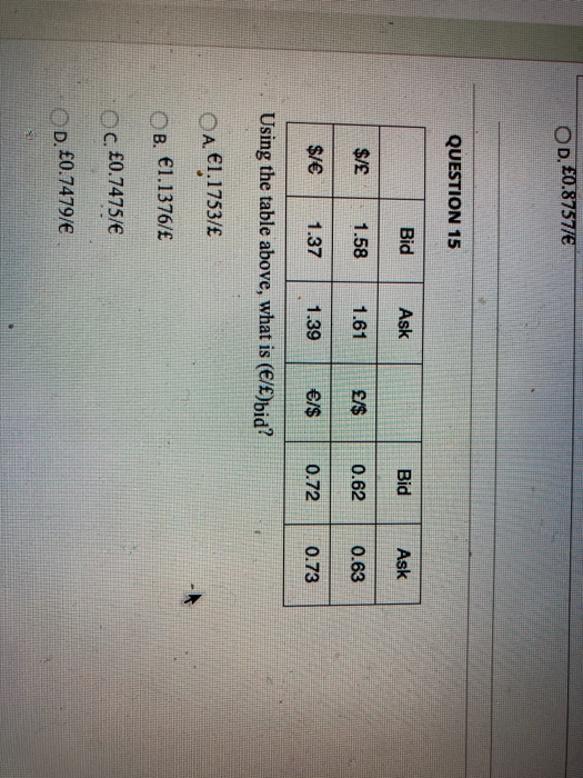  OD. 0.87577 QUESTION 15 Bid Ask Bid Ask $/ 1.58 1.61