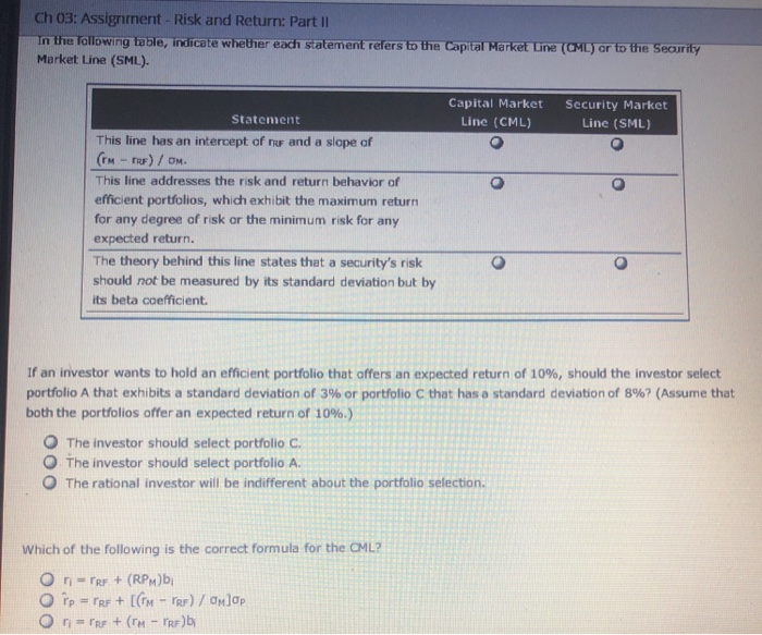  Ch 03: Assignment - Risk and Return: Part II In the