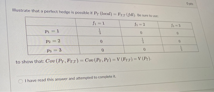 please complete the question O pts Illustrate that a perfect hedge is