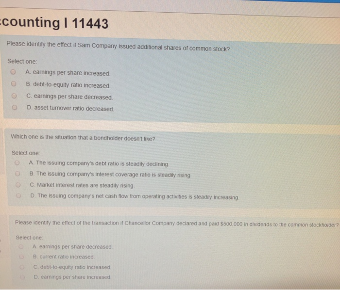  Ecounting | 11443 Please identify the effect if Sam Company issued