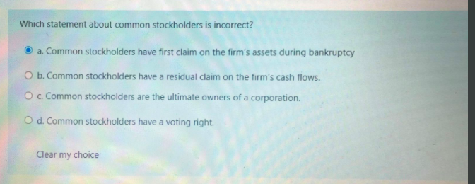 Which statement about common stockholders is incorrect? a. Common stockholders have