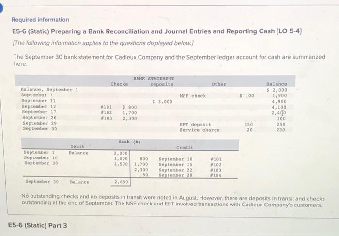 v Required information E5-6 (Static) Preparing a Bank Reconciliation and Journal Entries