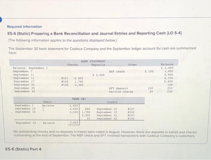  Required information E5-6 (Static) Preparing a Bank Reconciliation and Journal Entries