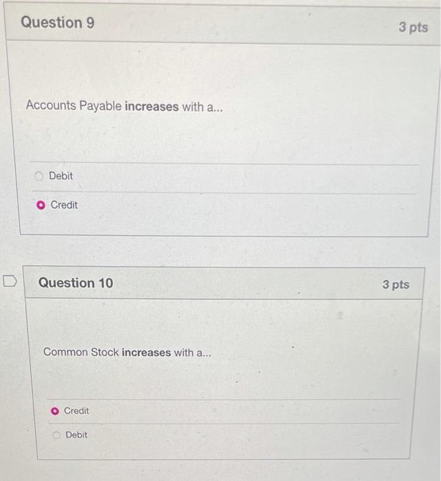 D Question 8 3 pts Rent Expense increases with a... Credit Debit