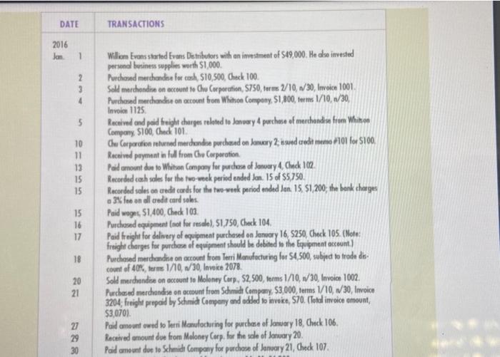company, in January 2016, and engaged in the transactions below. Assume Evans