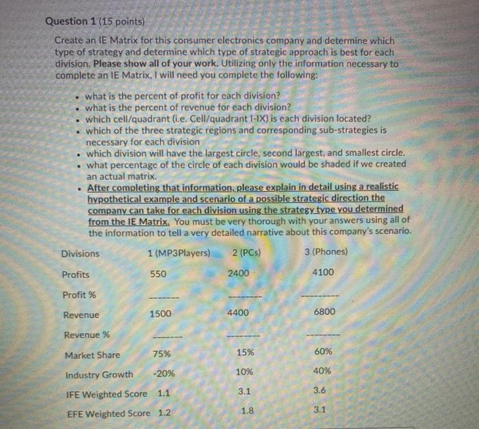  Question 1(15 points) Create an E Matrix for this consumer electronics