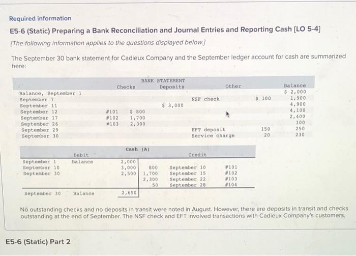  Required information E5-6 (Static) Preparing a Bank Reconciliation and Journal Entries