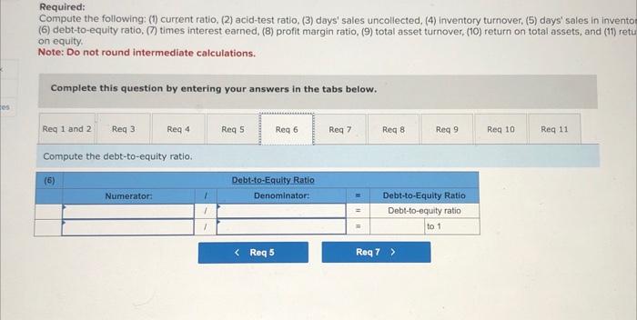 sales uncollected, (4) inventory turnover. (5) days' sales in inventory, (6) debt-fo-equity
