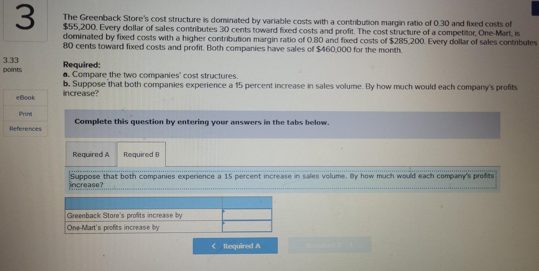 costs with a contribution margin ratio of 0.30 and fixed costs of