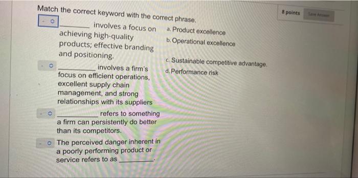 help 8 points Match the correct keyword with the correct phrase. involves