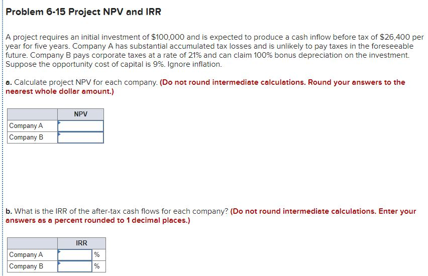 Problem 6-15 Project NPV and IRR A project requires an initial