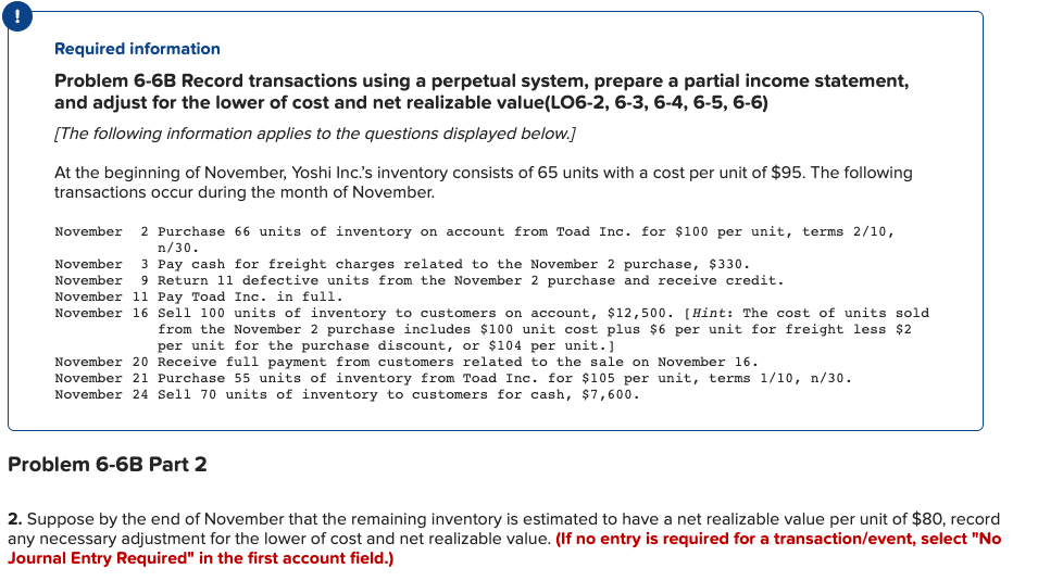  Required information Problem 6-6B Record transactions using a perpetual system, prepare