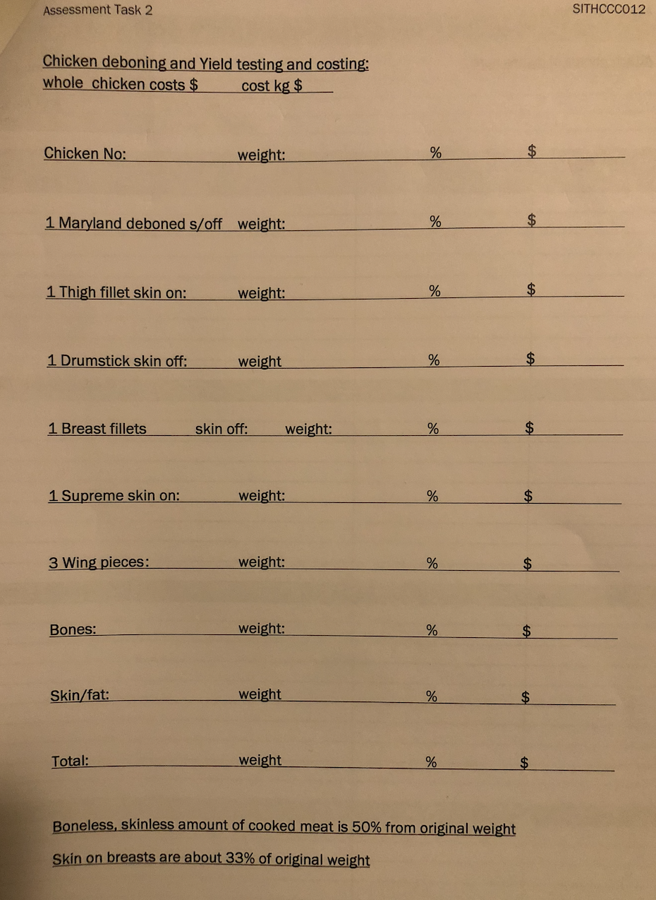  Assessment Task 2 SITHCCCO12 Chicken deboning and Yield testing and costing: