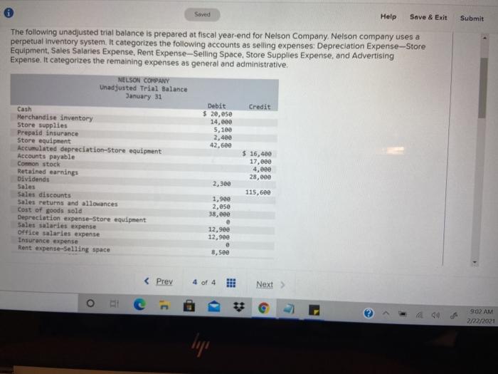  Saved Help Save & Exit Submit The following unadjusted trial balance