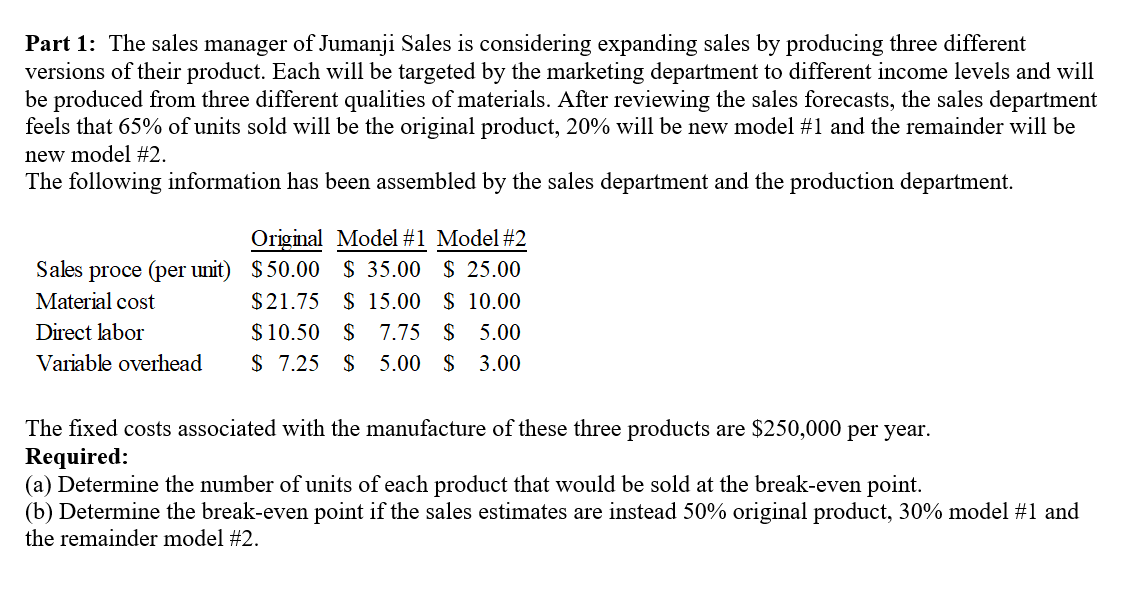 I need answer in excel please. Part 1: The sales manager of