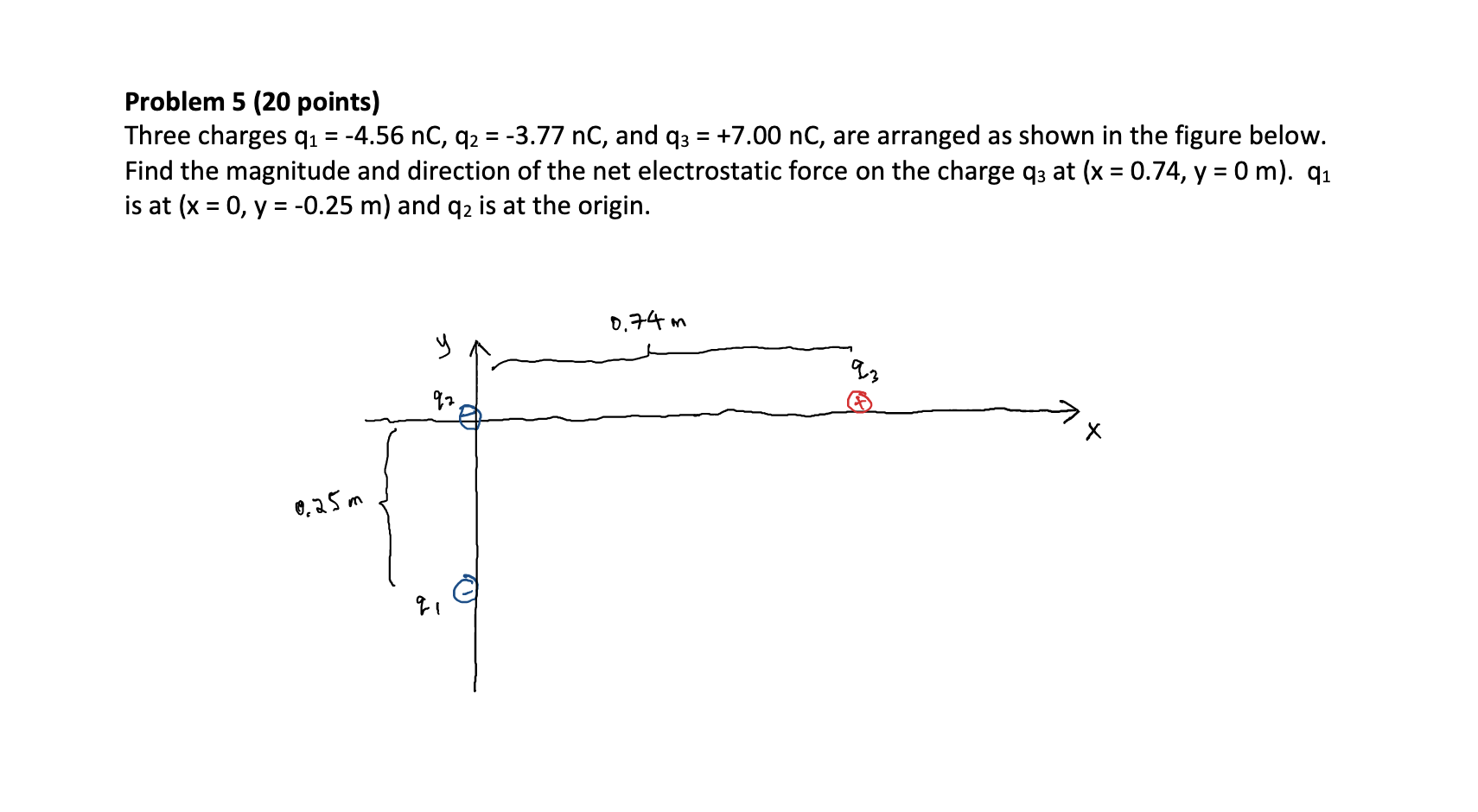 Problem 5 (20 points) Three charges q1 = -4.56 nc, q2