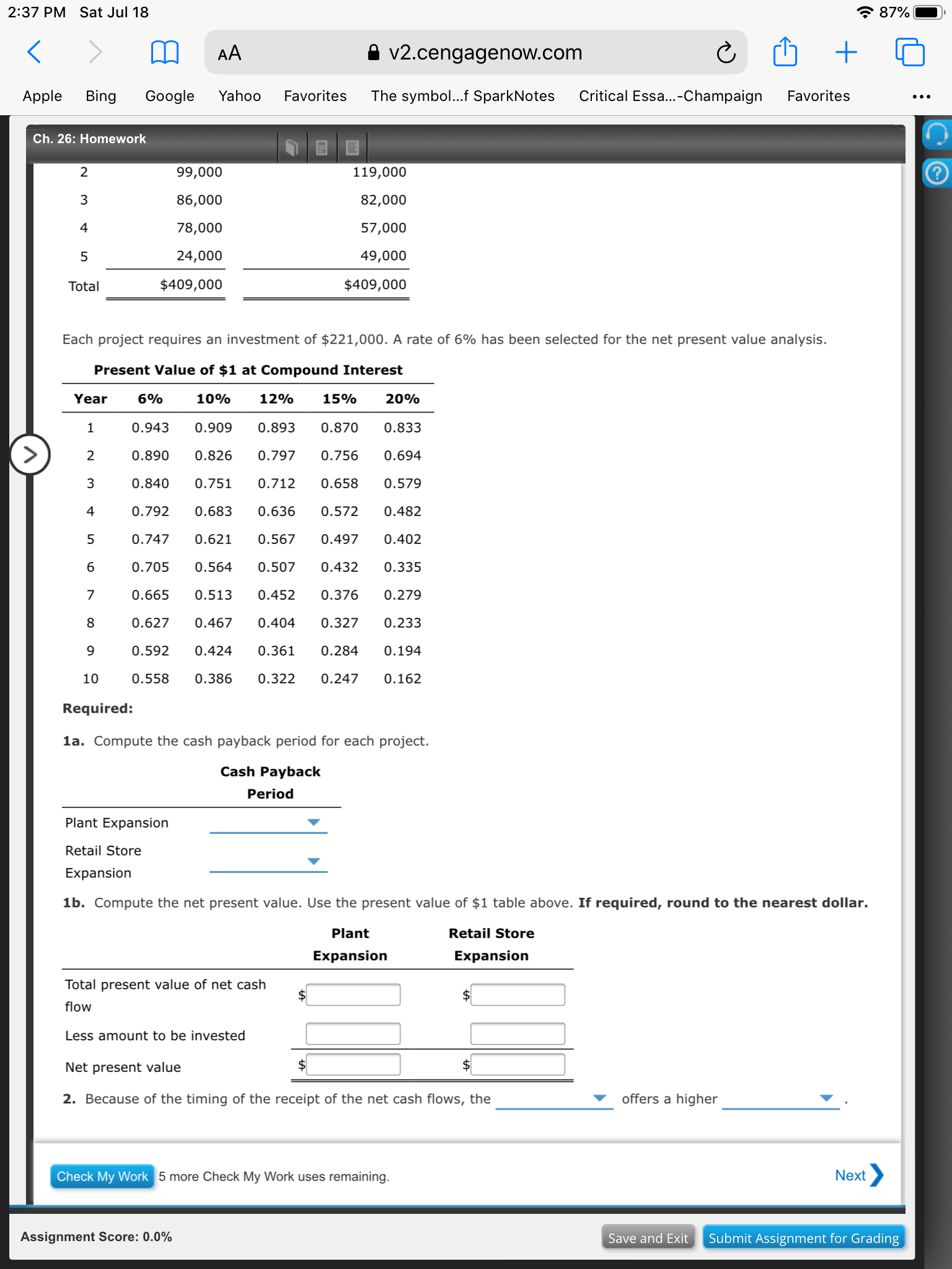 57,000 49,000 $409,000 Each project requires an investment of $221,000. A rate