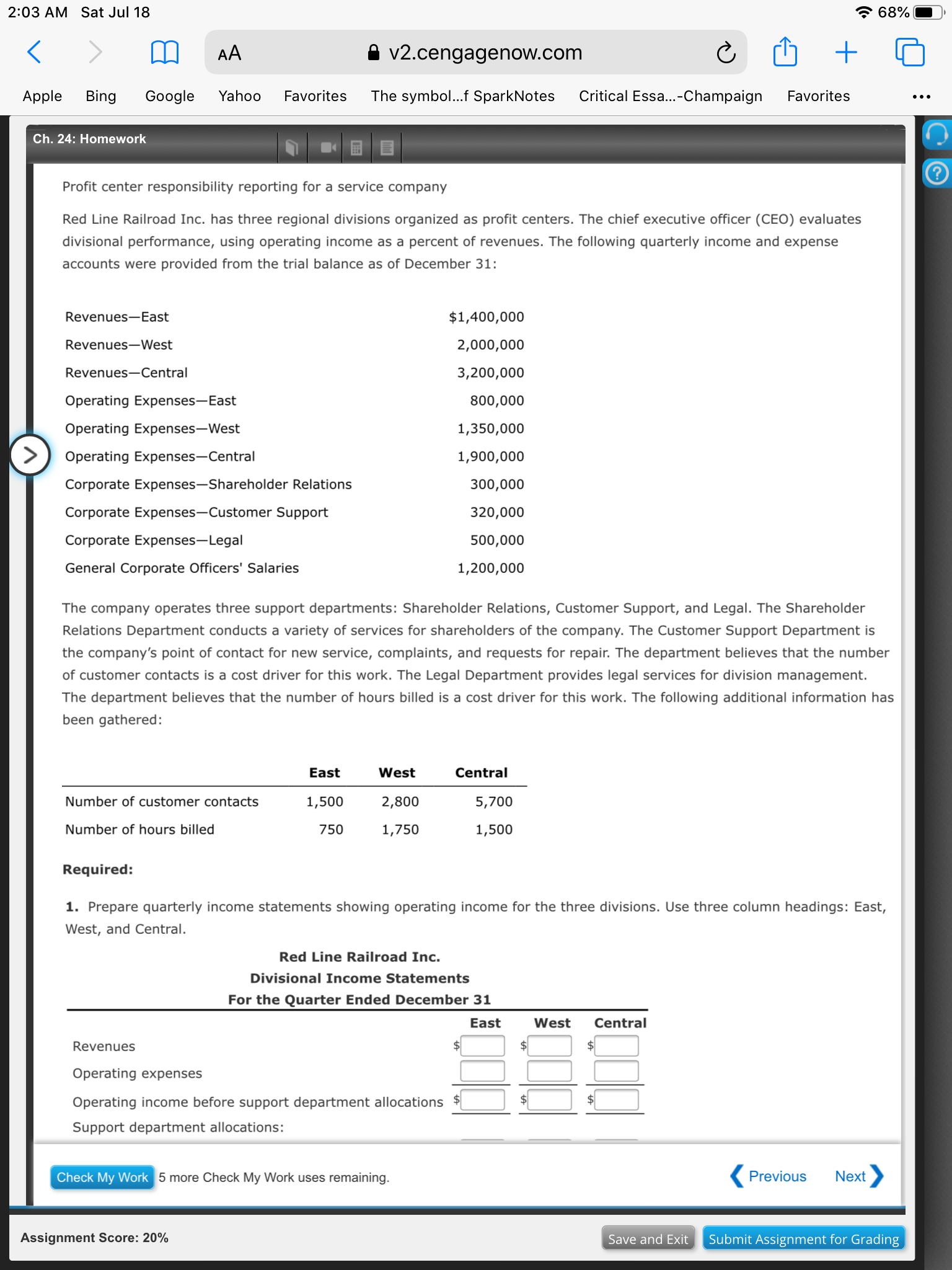 Critical Essa...Champaign Favorites Ch. 24: Homework ' .' Divisional Performance Analysis and