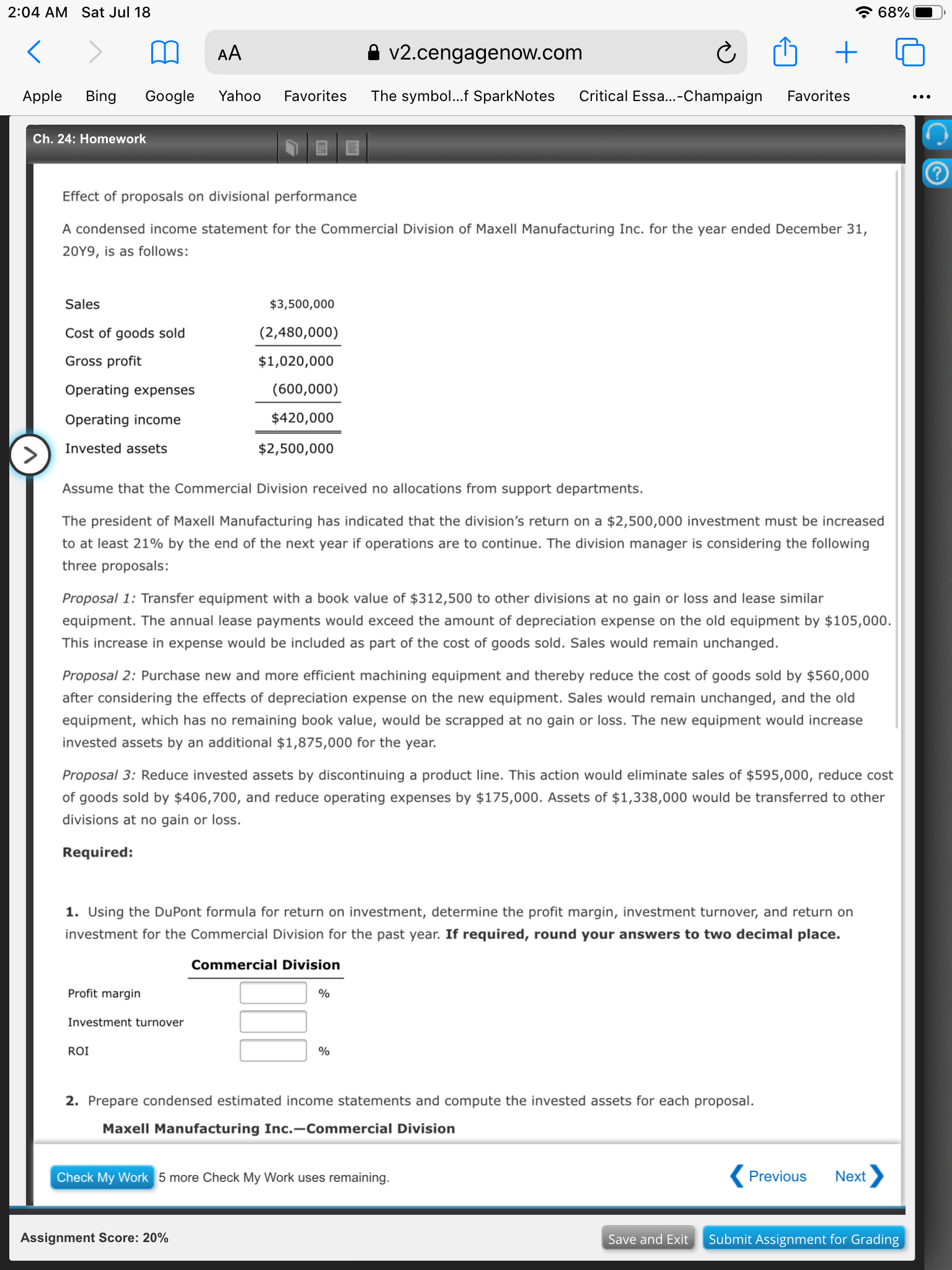 income statement data for the past year for each division are as