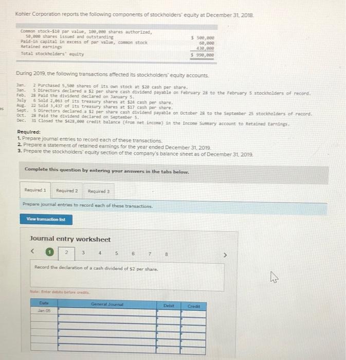 in advance! Kohler Corporation reports the following components of stockholders' equity at