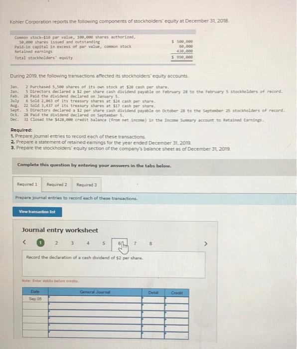 During 2019, the following transactions affected its stockholders' equity accounts. Jan 2
