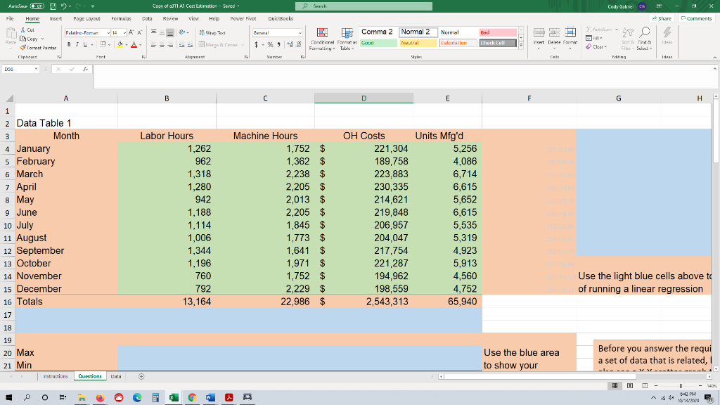  Using the Data table from the first image, please answer the