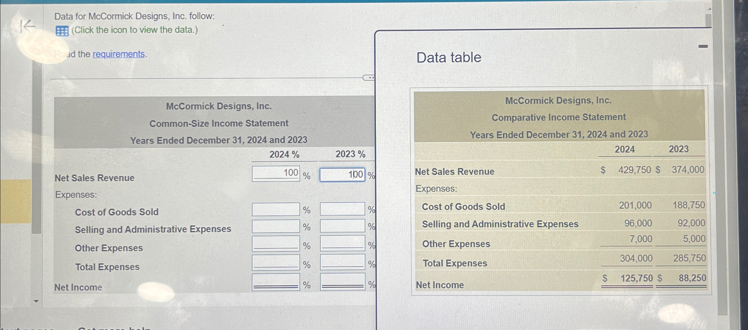  Data for McCormick Designs, Inc. follow: (Click the icon to view