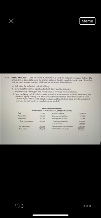  X Meme 4-23 RATIO ANALYSIS Data for Barry Computer Co. and