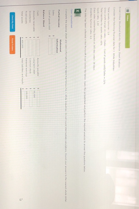  Video Excel Online Structured Activity Balance Sheet Analysis Consider the following