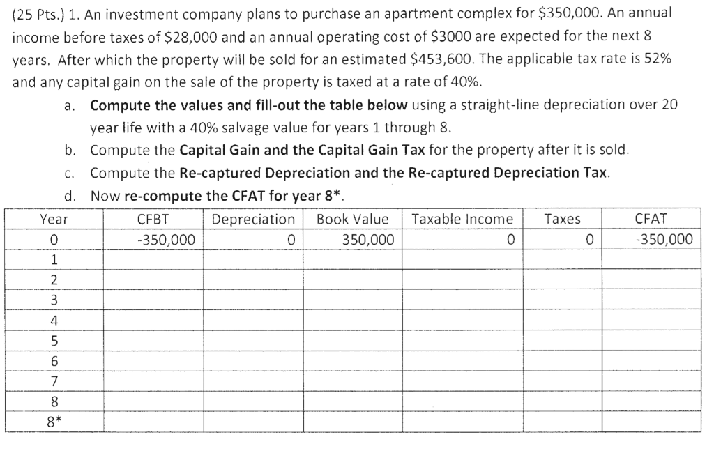 Please Include cash flow diagram please a. (25 Pts.) 1. An investment