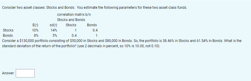 Consider two asset classes: Stocks and Bonds. You estimate the following