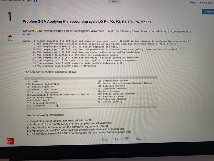  Seved Help Save & Exit Check 1 Problem 3-5A Applying the
