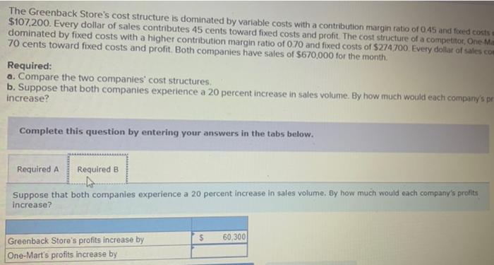 a contribution margin ratio of 0.45 and fixed costs of $107,200. Every