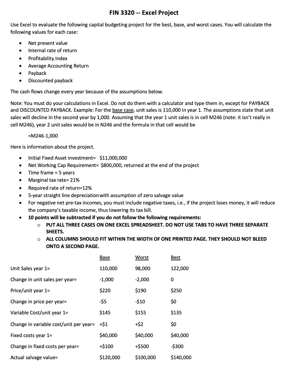 ** Please show excel formulas used!** FIN 3320 -- Excel Project Use