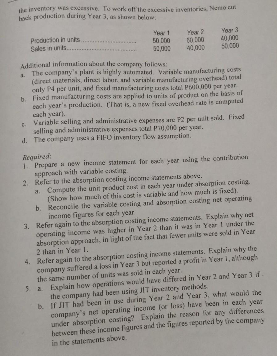 Production; JIT) Nemo, Inc. manufactures and sells a unique electronic part. Operating