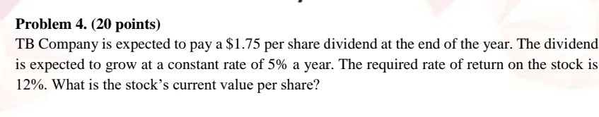 please, tysm! Problem 3. (20 points) XYZ Company's current stock price is
