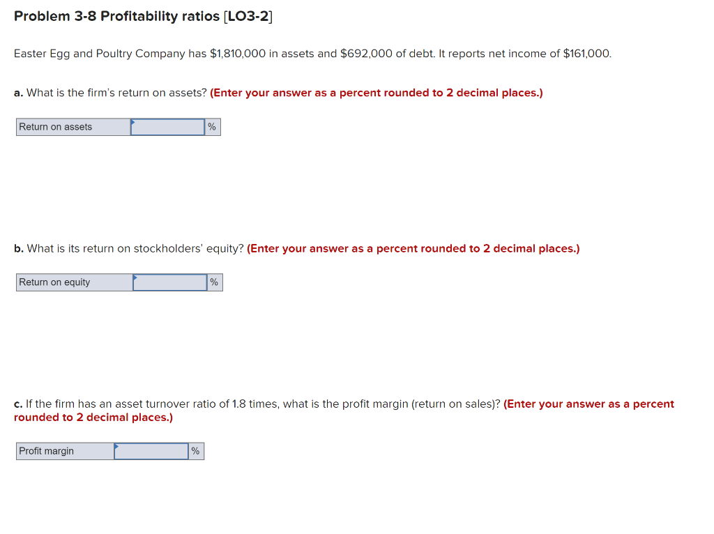  Problem 3-8 Profitability ratios (LO3-2] Easter Egg and Poultry Company has